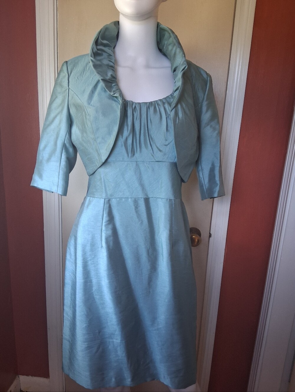 JS Collections Light Aqua Satin Midi Dress with Matching Bolero